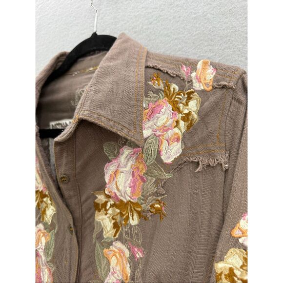 The Pyramid Collection Womens Brown Embroidered Floral Button Down Shirt Top XL - Picture 8 of 11